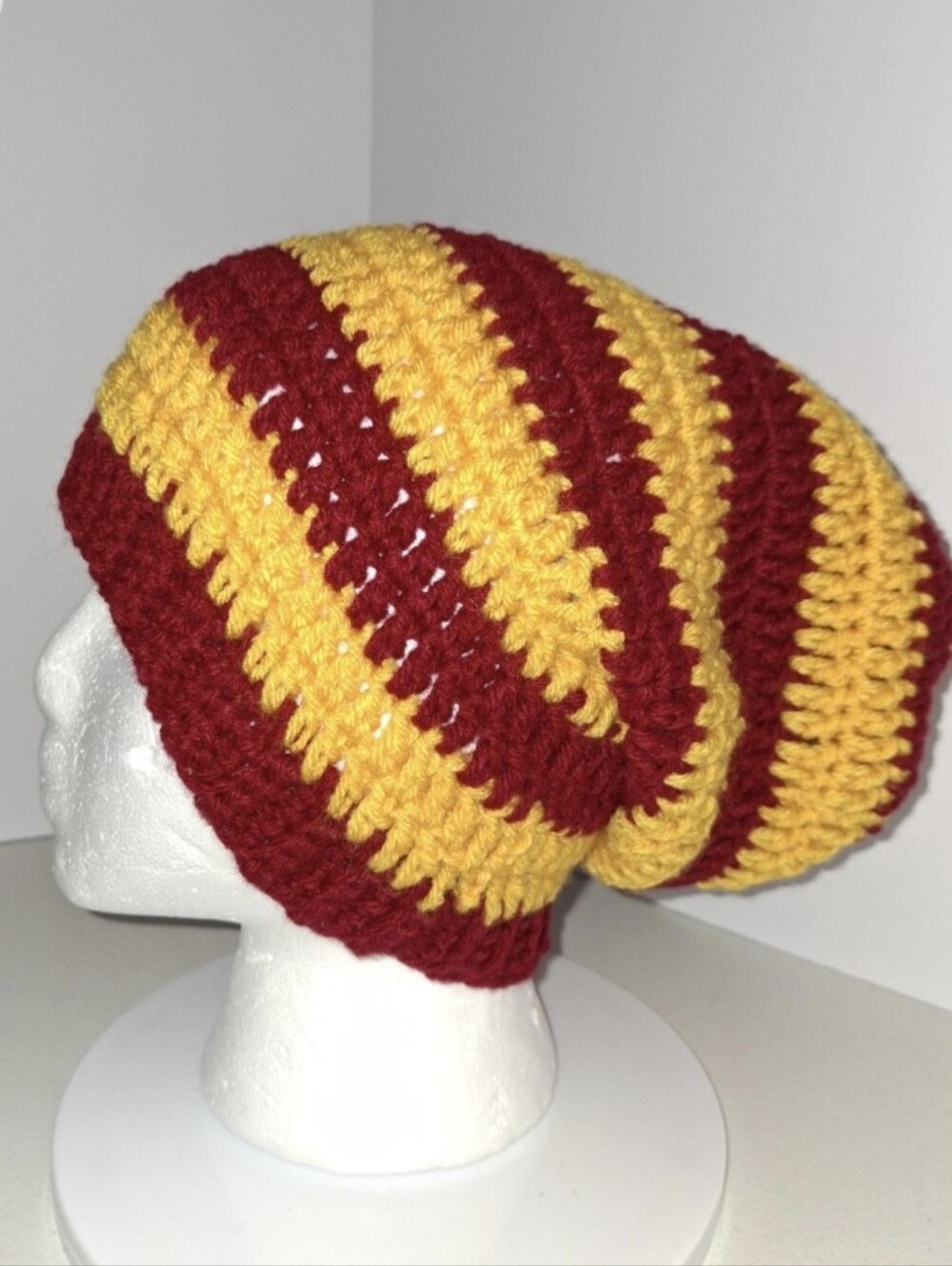 Beanie Slouchy Cap XL Wine And Gold Striped Crocheted Handmade.